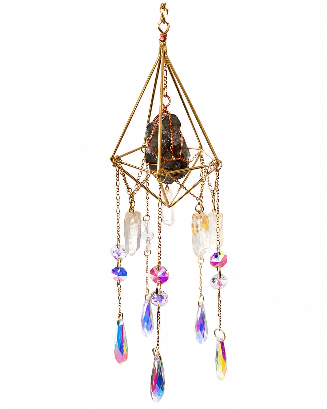 Full view of a gold-toned geometric crystal suncatcher with a natural stone centre and iridescent prism pendants.