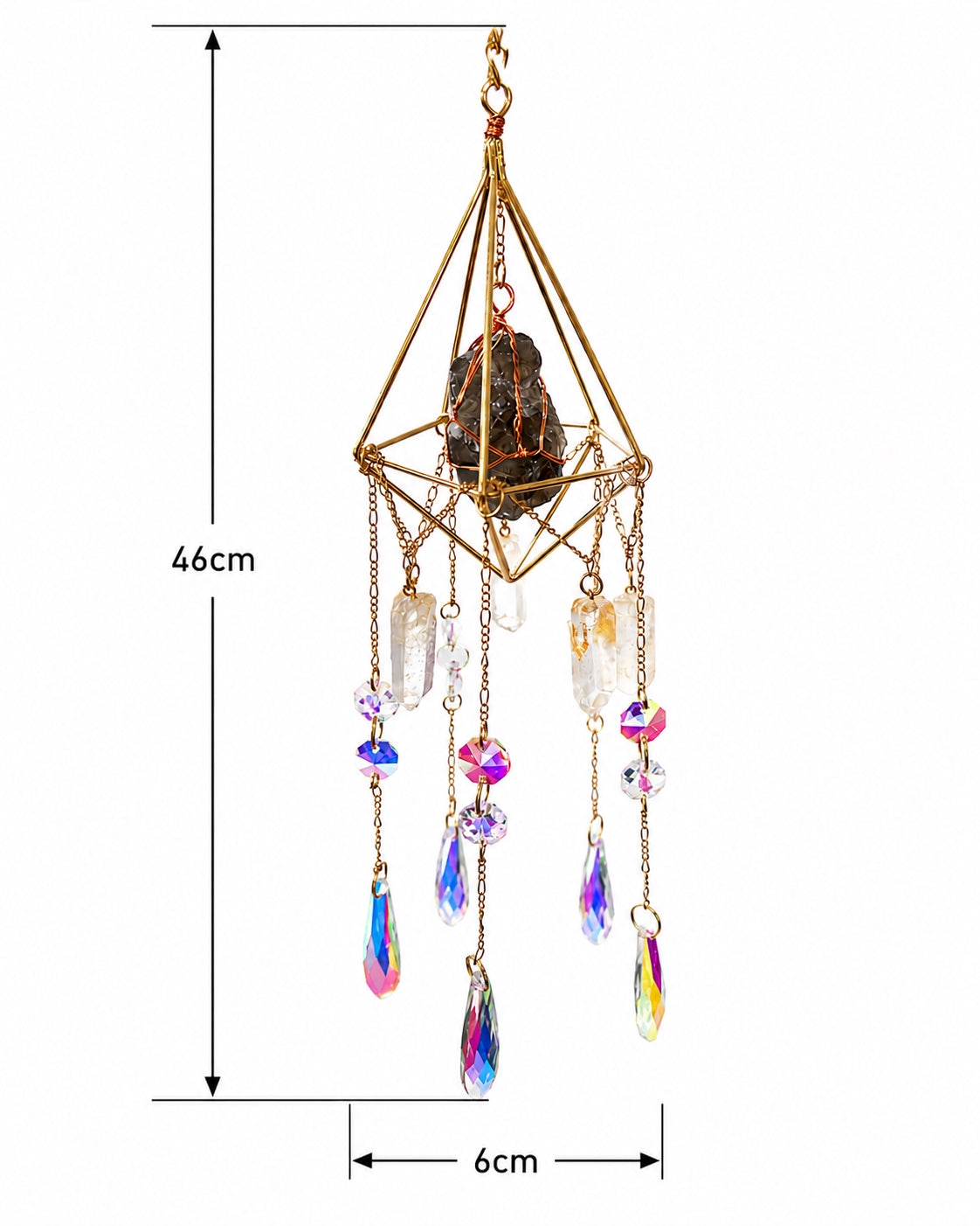 Geometric natural crystal suncatcher with colourful beads and hanging rainbow prisms, shown with detailed measurements on a white background.