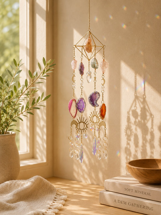 Geometric natural crystal suncatcher hanging beside a sunlit window and casting colourful rainbow reflections throughout a warm interior.
