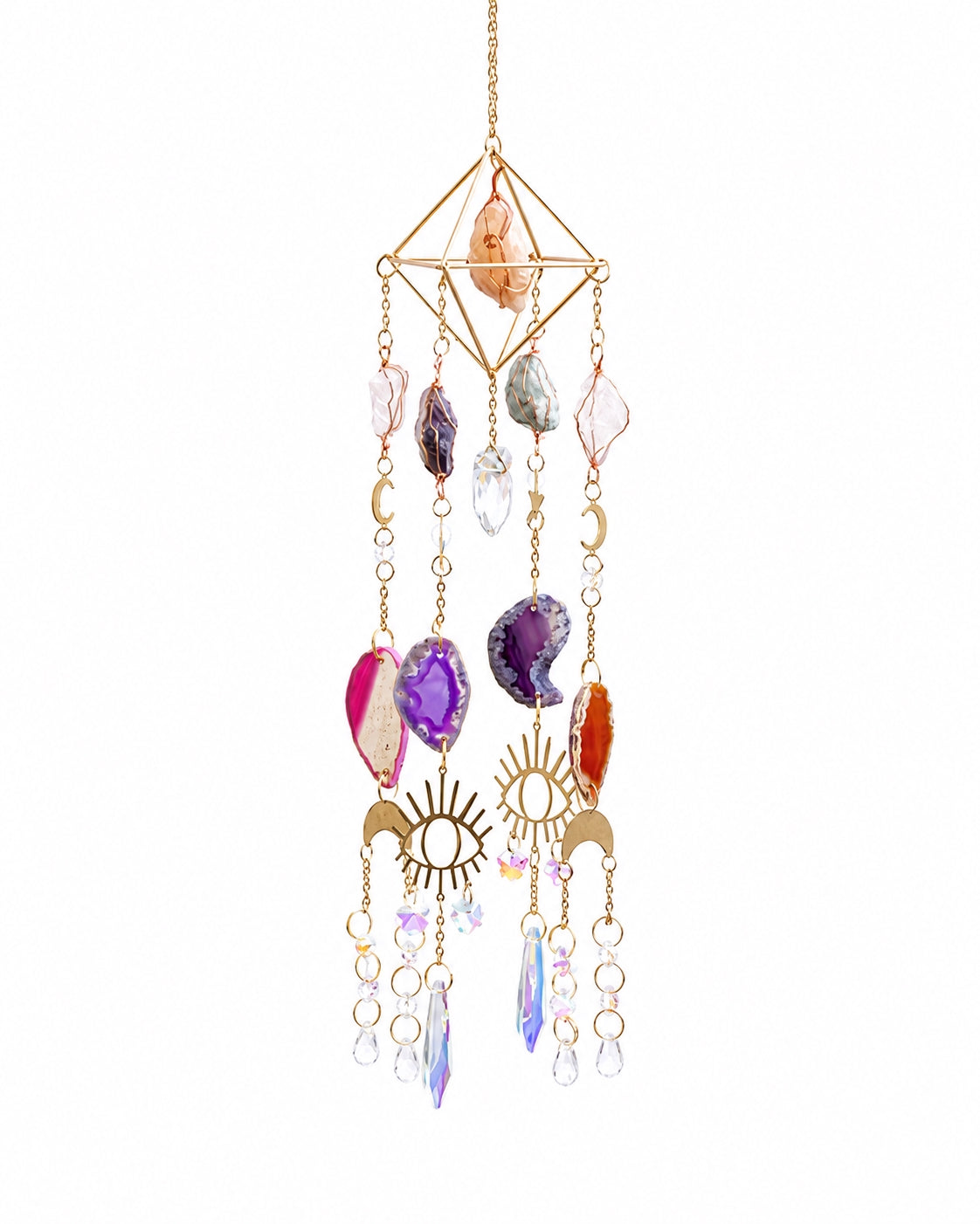Full view of a gold-toned geometric crystal suncatcher with colourful gemstones and iridescent hanging prisms on a white background.