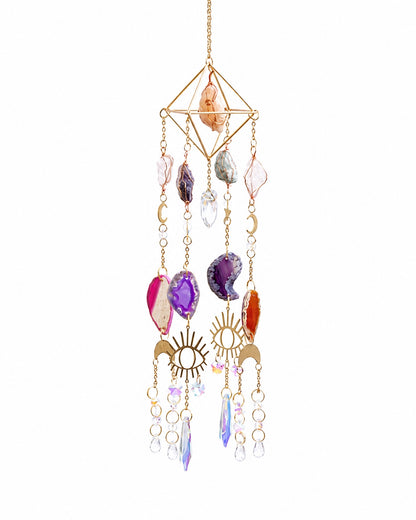 Full view of a gold-toned geometric crystal suncatcher with colourful gemstones and iridescent hanging prisms on a white background.