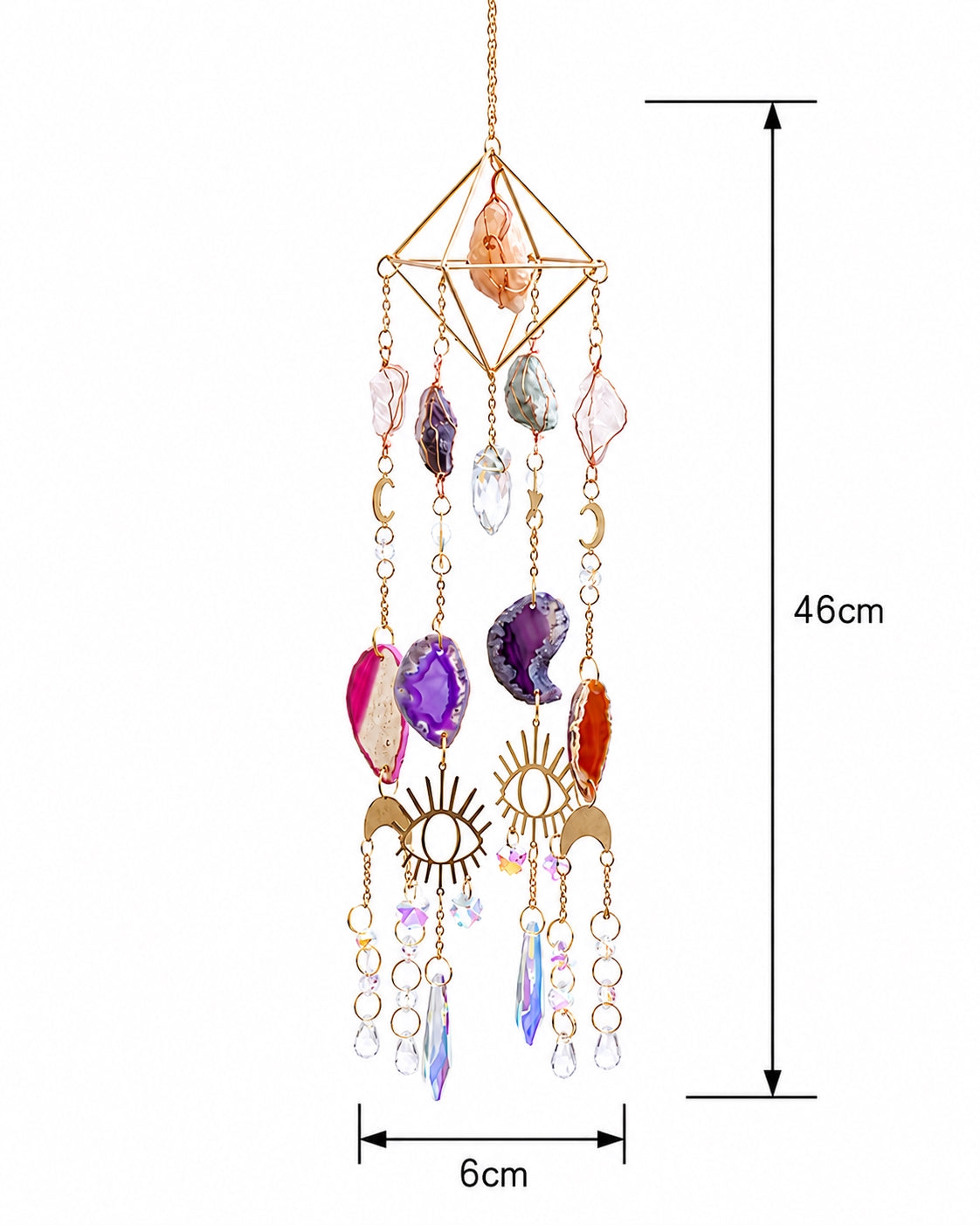 Close-up of a gold-toned geometric suncatcher frame featuring a wire-wrapped natural crystal and delicate hanging chains.