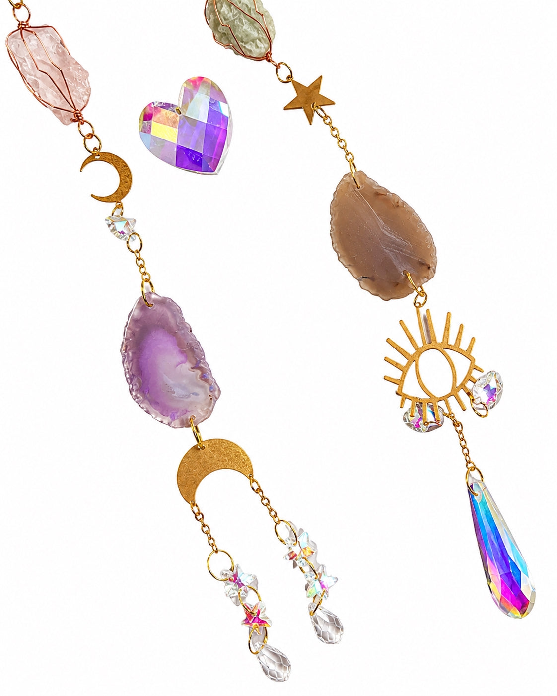 Close-up of colourful gemstone beads, celestial charms and iridescent crystal prism pendants hanging from a decorative natural crystal suncatcher.