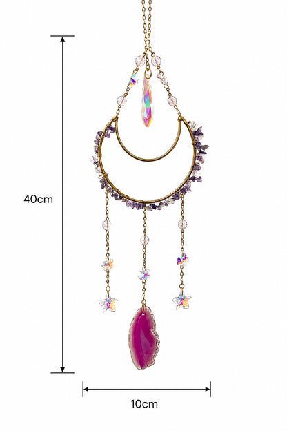 Teardrop-shaped natural crystal suncatcher with a pink agate pendant, shown with detailed product measurements on a white background.